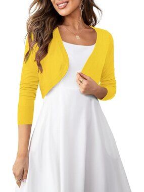 〽️Women Yellow Cropped Cardigan Bolero Shrug Sweater Soft Breathable Knit Sleeve